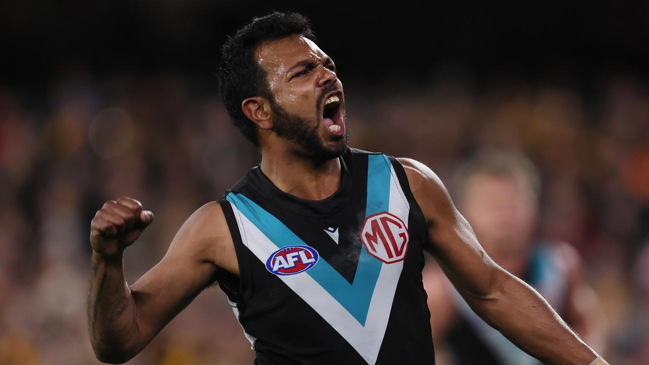 ADELAIDE, AUSTRALIA - SEPTEMBER 13: Willie Rioli of the Power celebrates a goal during the 2024 AFL Second Semi Final match between the Port Adelaide Power and the Hawthorn Hawks at Adelaide Oval on September 13, 2024 in Adelaide, Australia. (Photo by James Elsby/AFL Photos via Getty Images)