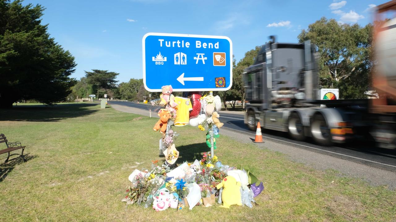 Caleb's memorial on Bannockburn-Shelford Rd, near the CFA station. Andrea Bolton and Chris Bourke have been speaking out for more road safety measures and calling for a pedestrian crossing. Picture: Mark Wilson
