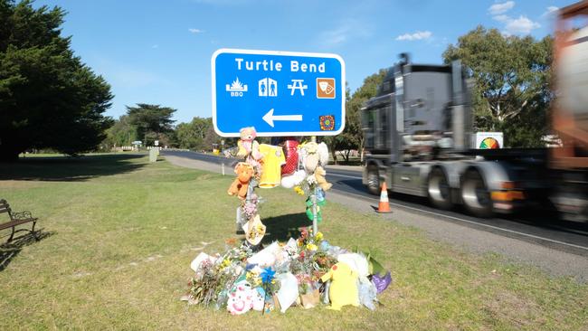 Caleb's memorial on Bannockburn-Shelford Rd, near the CFA station. Andrea Bolton and Chris Bourke have been speaking out for more road safety measures and calling for a pedestrian crossing. Picture: Mark Wilson