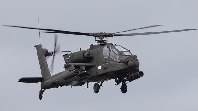A US Army AH-64E Apache helicopter in action at the Avalon Australian International Airshow in 2025