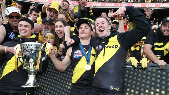 Higgins didn’t miss the 2019 premiership celebrations despite having major brain surgery just weeks prior. Picture: Michael Klein.