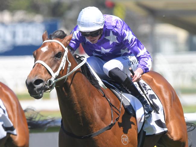 Jockey James Doyle rides Humbolt Current to victory in race 3, the Iron Jack  Handicap during Golden Gift Ladies Day at Rosehill Gardens in Sydney, Saturday, November 9, 2019. (AAP Image/Simon Bullard) NO ARCHIVING, EDITORIAL USE ONLY