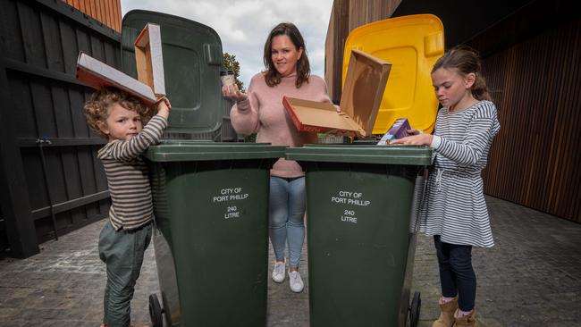 The Richards family – Beth Richards, Ruby, 8, and Parker, 5 – are confused about recycling. Picture: Tony Gough