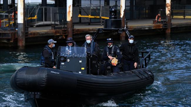 NSW Water Police officers at Circular Quay join the Sydney security net on Saturday. Picture: NCA NewsWire/Bianca De Marchi