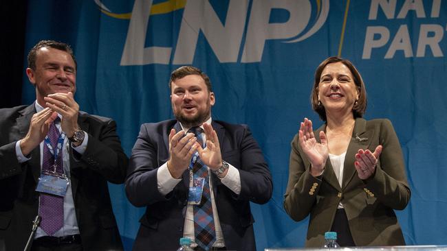 Outgoing LNP president Gary Spence, vice president David Hutchinson and leader Deb Frecklington pictured in July. Picture: AAP/Glenn Hunt