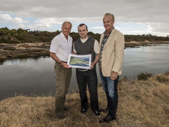 Lukin Corporation chief executive Dean Lukin Jnr flanked by Greg Norman and his father Dean Lukin. 