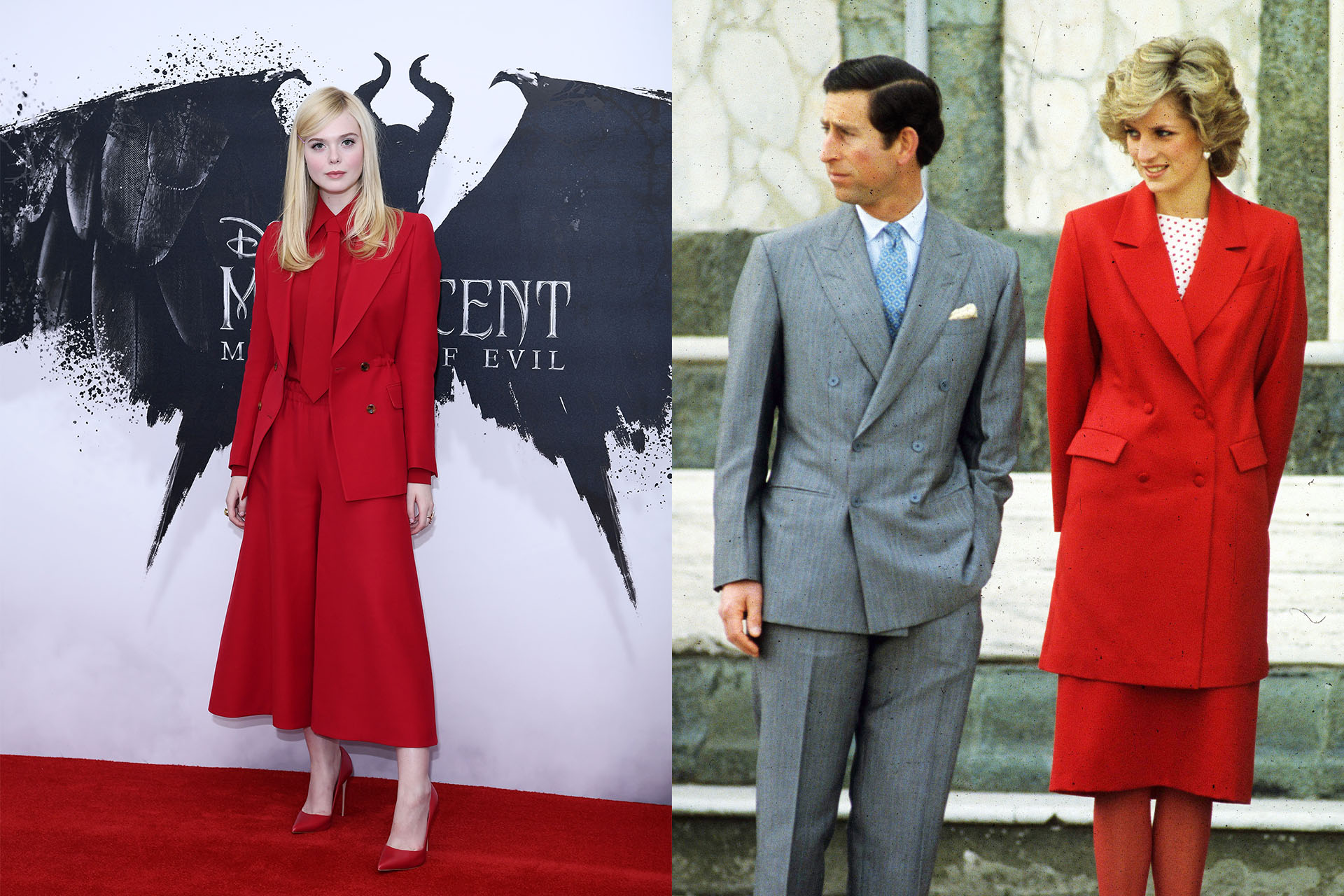 <h3>Elle Fanning</h3><p>Princess Diana wore red impeccably well, demonstrated when she wore a red skirt suit by Japer Conran on a visit to Florence in 1985. A colour she donned often, it was one of the key vibrant hues that became synonymous with the royal. Taking her cues from the Princess, Elle Fanning wore a monochromatic red suit by Gucci at a photocall for&nbsp;<em>Maleficent: Mistress of Evil&nbsp;</em>in 2019, proving that Princess Diana&rsquo;s all-red look is still imitable today.</p>