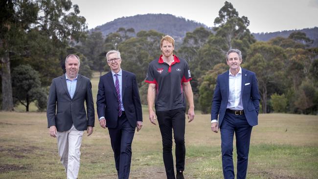 AFL High Performance Centre, Minister Nic Street, Tasmania Football Club board member Roger Curtis, footballer Andrew Phillips and City of Clarence Mayor Brendan Blomeley at Rosny. Picture: Chris Kidd