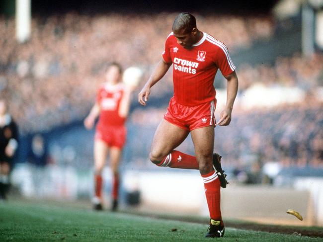 Football, 21st February 1988, FA Cup Fith Round, Goodison Park, Everton 0 v Liverpool 1, Liverpool's John Barnes backheels a banana that was thrown onto the pitch by a racist section of the crowd  (Photo by Bob Thomas/Getty Images)