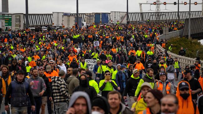 Protesters swarm the West Gate Bridge. Picture: Mark Stewart