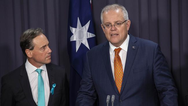 Prime Minister Scott Morrison with Health Minister Greg Hunt at Parliament House in Canberra. Picture: Gary Ramage