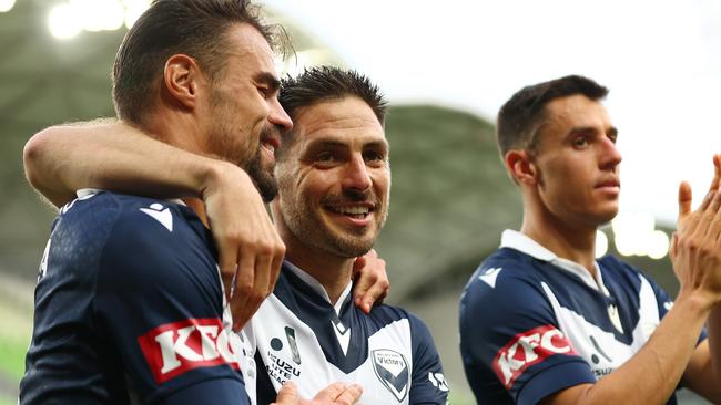 A-League Men’s top-scorer Bruno Fornaroli (centre) will play for Victory on Saturday night before heading to Qatar with the Socceroos for the Asian Cup. Picture: Graham Denholm / Getty Images