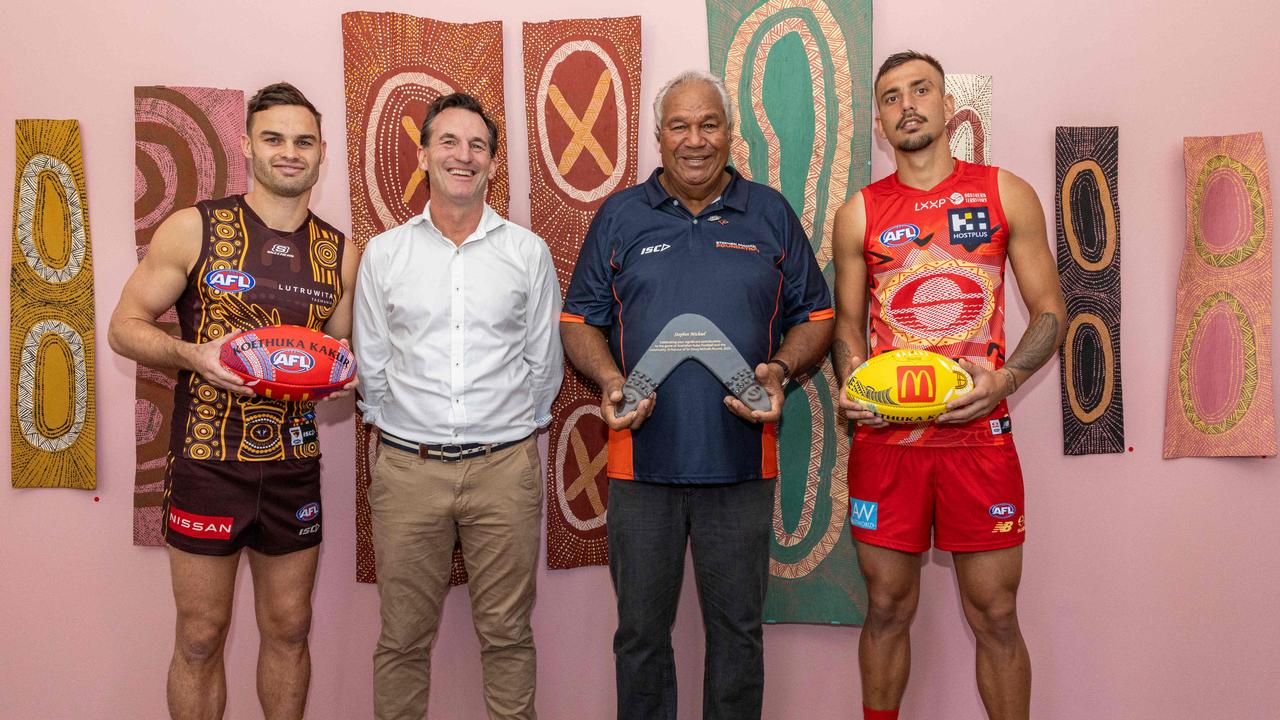 Karl Amon, AFL chief executive Andrew Dillon, 2025 Sir Doug Nicholls Round honouree Stephen Michael and Joel Jeffrey at the launch of the Sir Doug Nicholls round in Darwin ahead of the AFL match between the Gold Coast Suns and Hawthorn. Picture: Pema Tamang Pakhrin