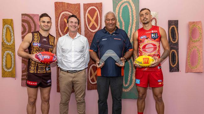 Karl Amon, AFL chief executive Andrew Dillon, 2025 Sir Doug Nicholls Round honouree Stephen Michael and Joel Jeffrey at the launch of the Sir Doug Nicholls round in Darwin ahead of the AFL match between the Gold Coast Suns and Hawthorn. Picture: Pema Tamang Pakhrin