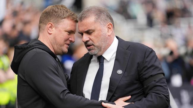 Newcastle United manager Eddie Howe (left) chats with his Tottenham Hotspur counterpart Ange Postecoglou. Picture: Andy Buchanan / AFP