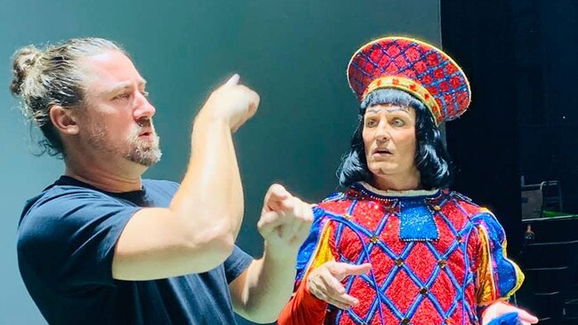 Auslan interpreter Mikey Webb with Todd McKenney for the stage show Shrek. Picture: Facebook/Auslan Stage Left.