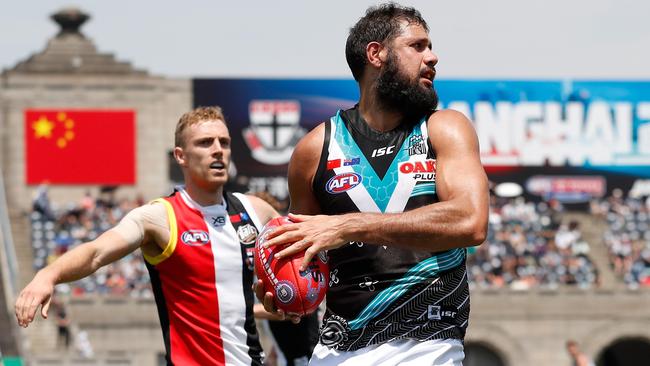 SHANGHAI, CHINA - JUNE 02: Paddy Ryder of the Power and Callum Wilkie of the Saints during the 2019 AFL round 11 match between the St Kilda Saints and the Port Adelaide Power at Adelaide Arena at Jiangwan Stadium on June 02, 2019 in Shanghai, China. (Photo by Michael Willson/AFL Photos)