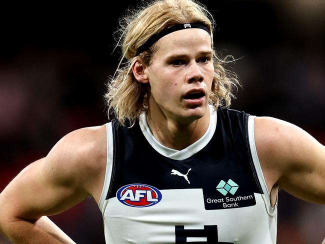 SYDNEY, AUSTRALIA - JULY 06: Tom De Koning of the Blues looks on during the round 17 AFL match between Greater Western Sydney Giants and Carlton Blues at ENGIE Stadium, on July 06, 2024, in Sydney, Australia. (Photo by Brendon Thorne/AFL Photos/via Getty Images)