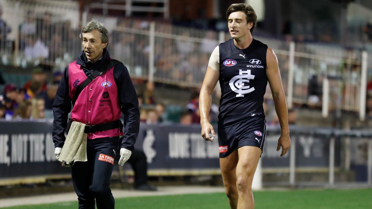 Caleb Marchbank leaves the field on Sunday. Picture: Getty Images