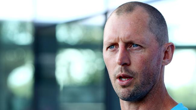 James Kelly speaking to the media ahead of Geelong Cats training. Picture: Alison Wynd