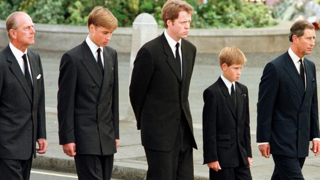 Prince Philip, Prince William, Earl Charles Spencer, Prince Harry with then-Prince Charles walking in procession behind Diana’s coffin in 1997.