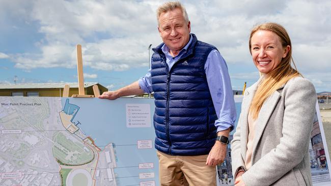 Hobart,Tasmania. Sunday 15th October 2023. Tasmanian Premier Jeremy Rockliff and the CEO of Macquarie Point Development Corporation Ann Beach announce new plans at the Macquarie Point Development Site.Picture: Linda Higginson