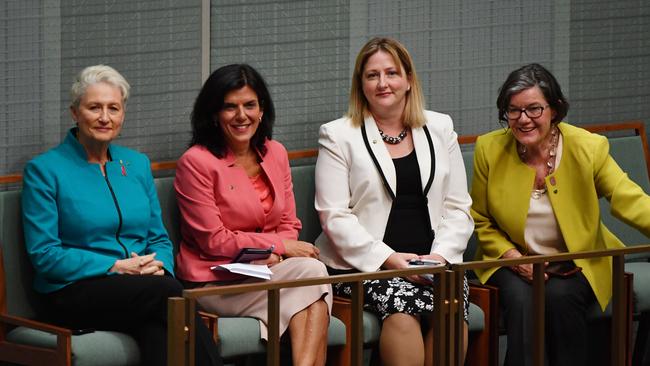 (Crossbenchers (from left) Kerryn Phelps, Julia Banks, Rebekha Sharkie and Cathy McGowan abstain from a division during Question Time last year. Picture: AAP