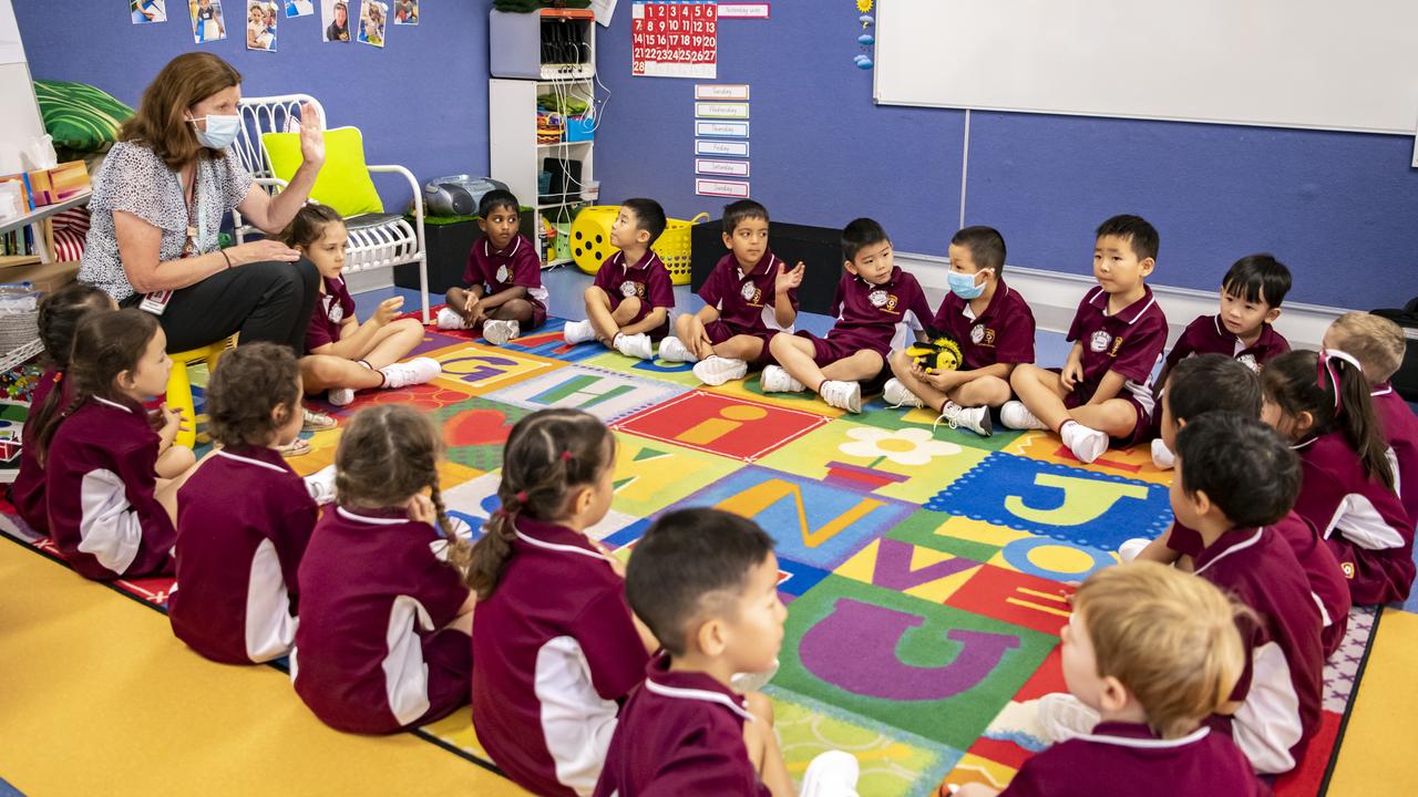 Prep students on their first day of school at St Peter’s Lutheran Indooroopilly.