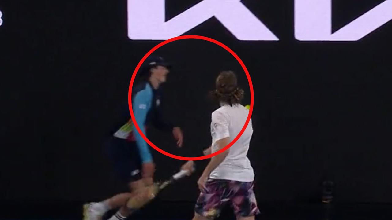 Stefanos Tsitsipas almost hit a ballkid. Picture: Supplied