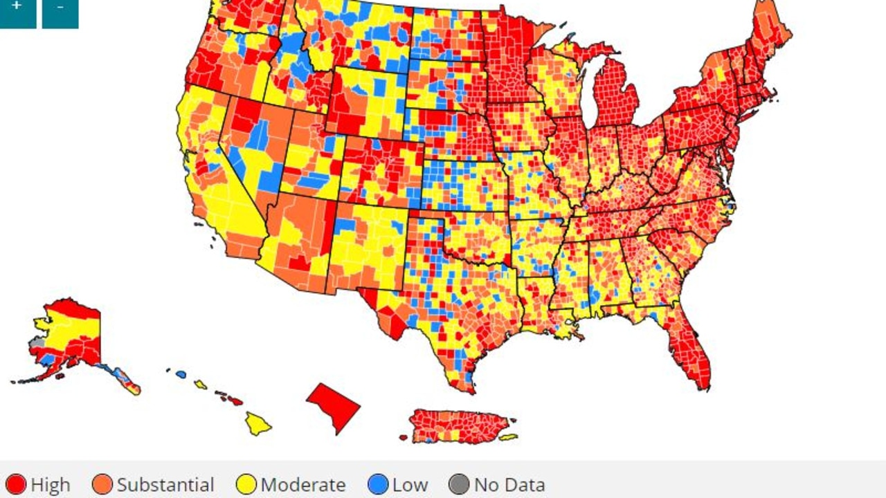 A CDC map showing the level of community transmission in the US.