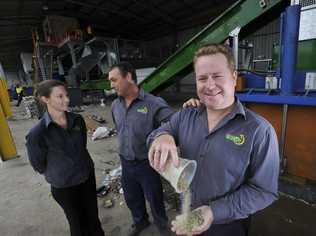 Lismore Recycling & Recovery Centre waste operations co-ordinator Kevin Trustum, waste education officer Danielle Hanigan and consumer resources supervisor Charlie Crethar at the new MRF recycling machine which separates waste and turns glass bottles into sand for roads. Photo Marc Stapelberg / The Northern Star. Picture: Marc Stapelberg