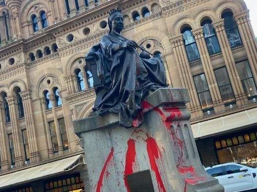 The Queen Victoria statue outside the Queen Victoria Building in Sydney’s CBD has been targeted by vandals. Picture: 2GB