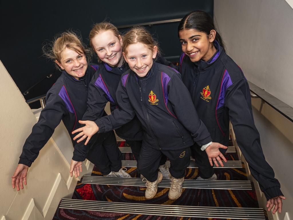 The Glennie School students (from left) Kaitlin Taylor, Elka Dickson, Scarlett Reinhardt and Eknoor Khehra on day one of Sing Out 2024 at The Empire, Tuesday, June 4, 2024. Picture: Kevin Farmer