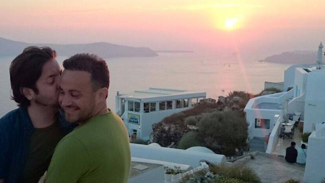 David Bulmer-Rizzi (left) and his husband Marco Bulmer-Rizzi after their wedding ceremony in Greece last year. David died this weekend in Adelaide on the couple’s honeymoon. Source: Facebook