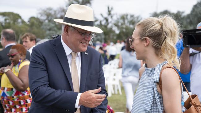 Isobel Marshall with Prime Minister Scott Morrison at The National Australia Day Flag Raising and Citizenship Ceremony in Canberra. Picture: Martin Ollman/NCA NewsWire