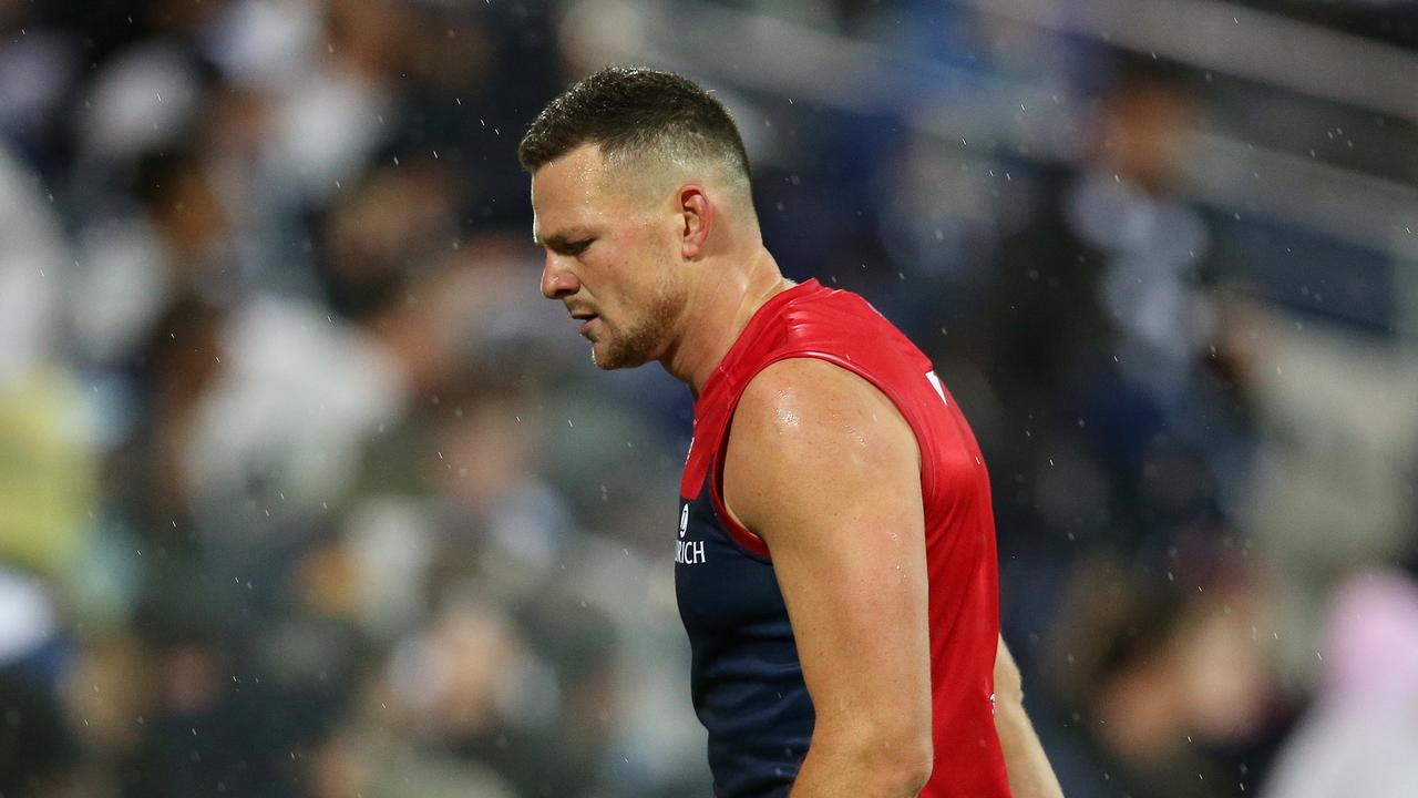 Steven May looks dejected after injuring himself against Geelong. Photo: Michael Klein.