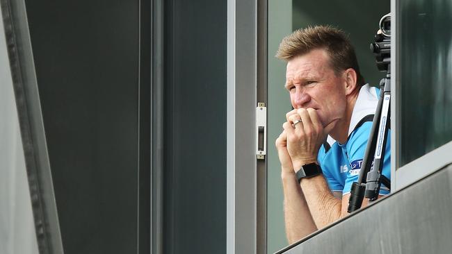 Nathan Buckley at a Collingwood training session on Monday, before Jordan de Goey’s indefinite suspension was announced. (Photo by Michael Dodge/Getty Images)