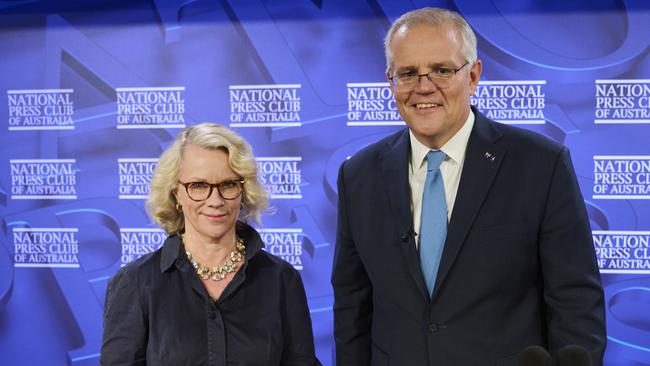 Prime Minister Scott Morrison with National Press Club president and ABC 7.30 political editor Laura Tingle. Picture: Getty Images