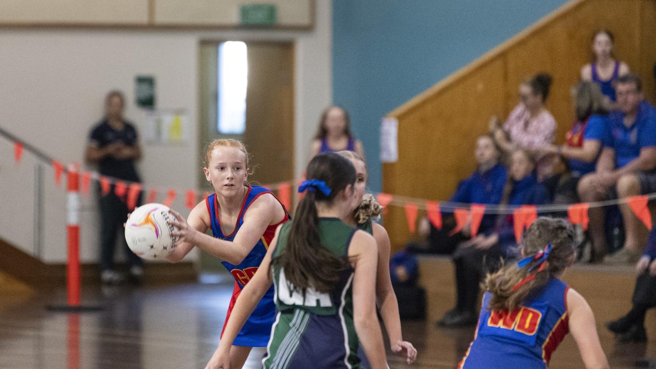 Isabella Blair of Downlands Junior C against St Ursula's Junior Development in Merici-Chevalier Cup netball at Salo Centre, Friday, July 19, 2024. Picture: Kevin Farmer