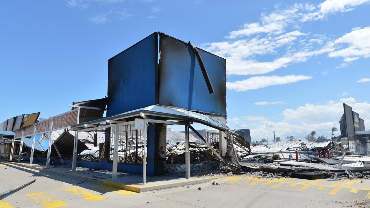 Little remained of Clark Rubber, Toys R Us and Autobarn Mackay after a devastating fire. Picture: Lee Constable