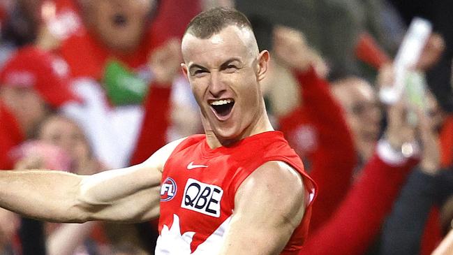 Sydney's Chad Warner celebrates kicking a goal  during the Round 13 AFL match between the Sydney Swans and Geelong Cats at the SCG on June 9, 2024.. Photo by Phil Hillyard(Image Supplied for Editorial Use only - **NO ON SALES** - Â©Phil Hillyard )