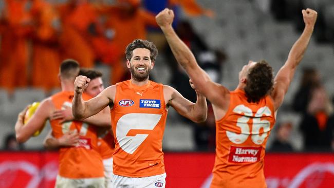 MELBOURNE, AUSTRALIA - JULY 27: Callan Ward of the Giants reacts on the final siren following the round 20 AFL match between Melbourne Demons and Greater Western Sydney Giants at Melbourne Cricket Ground, on July 27, 2024, in Melbourne, Australia. (Photo by Morgan Hancock/AFL Photos/via Getty Images)