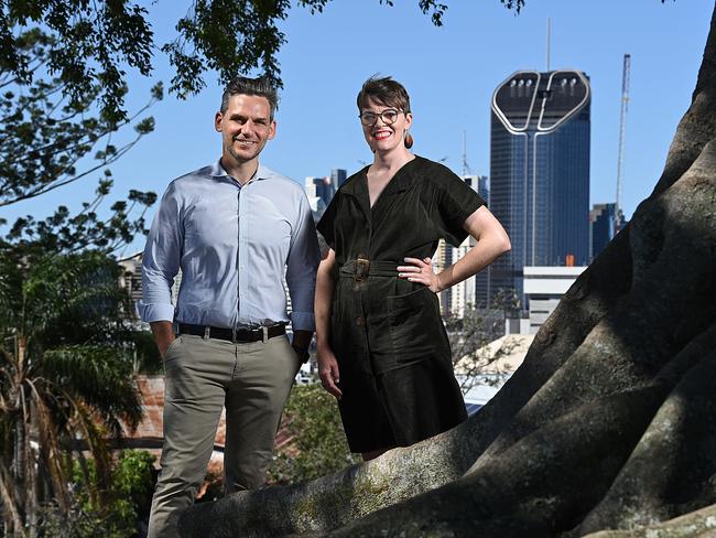 1/11/2020 : Successful South Brisbane Greens candidate Amy MacMahon, and Michael Berkman member for Maiwar at a press conference with the QLD Gov Ã¢â¬ÅTower of PowerÃ¢â¬Â 1William Street behind them, at a park in Highgate Hill, Brisbane . Pic Lyndon Mechielsen