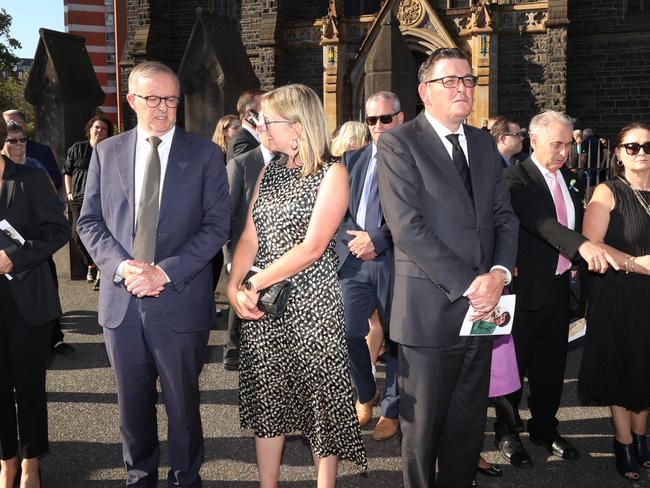 Labor leader Anthony Albanese, Jacinta Allan, and Premier Daniel Andrews at Kimberley Kitching’s funeral. Picture: David Caird