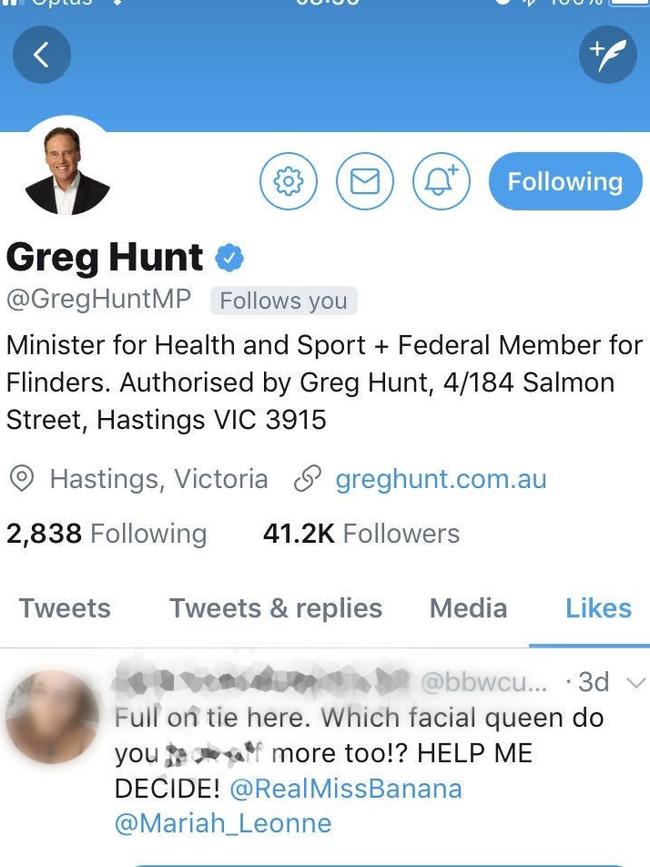 Federal Minister for Health Greg Hunt's Twitter account “liked” a porn tweet early this morning.