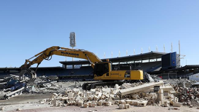 Demolition works at Football Park on Tuesday. Picture: Sarah Reed