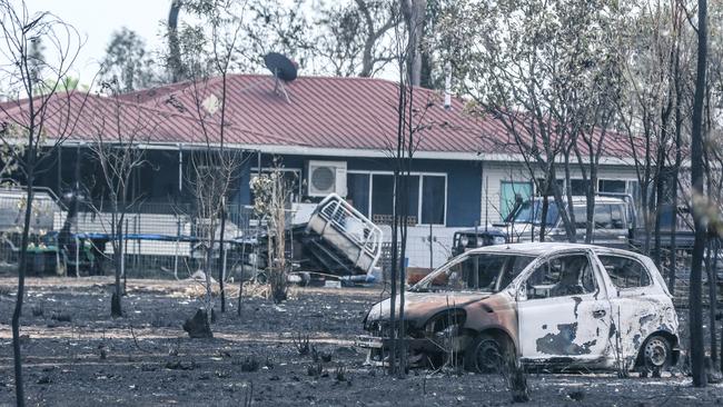 Property damage in the aftermath of a severe grass fire on Mira Rd, Southport. Picture: Glenn Campbell