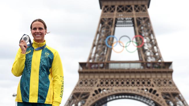 Women's 10km swimming silver medallist Moesha Johnson of Team Australia poses for a photo on day 14 of the Olympic Games Paris 2024 at Champions Park on August 09, 2024 in Paris, France. Picture: Pascal Le Segretain/Getty Images