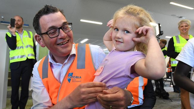 Premier of Victoria Daniel Andrews speaks with local children at the new Pakenham Primary School in Melbourne on Wednesday. Picture: AAP