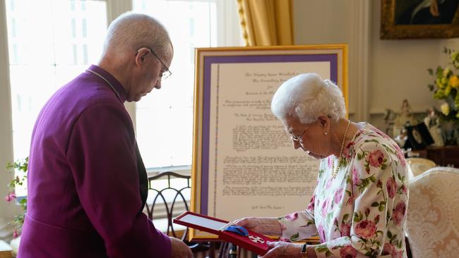 Queen Elizabeth II, ‘a straightforward Bible-reading Christian’, receives Archbishop of Canterbury Justin Welby. Picture: Andrew Matthews/WPA Pool/Getty Images